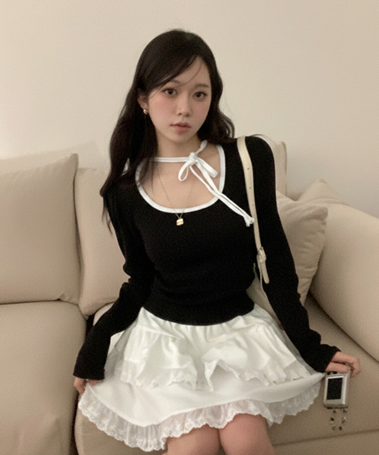 레몬솔베 아일렛 퍼프 리본 긴팔 티셔츠 블랙