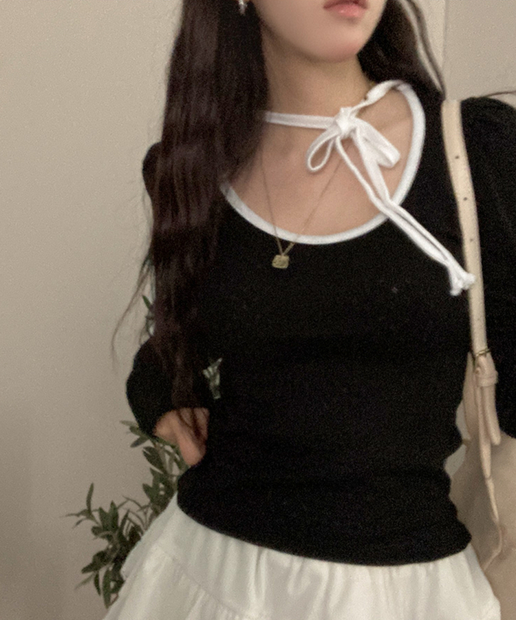 레몬솔베 아일렛 퍼프 리본 긴팔 티셔츠 블랙