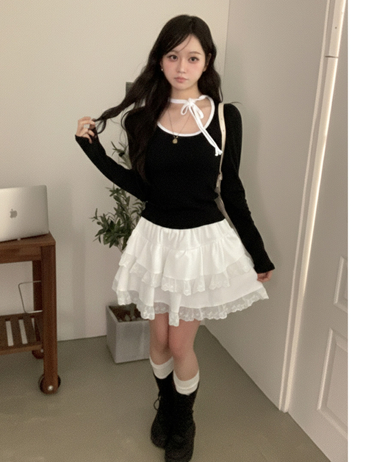 레몬솔베 아일렛 퍼프 리본 긴팔 티셔츠 블랙