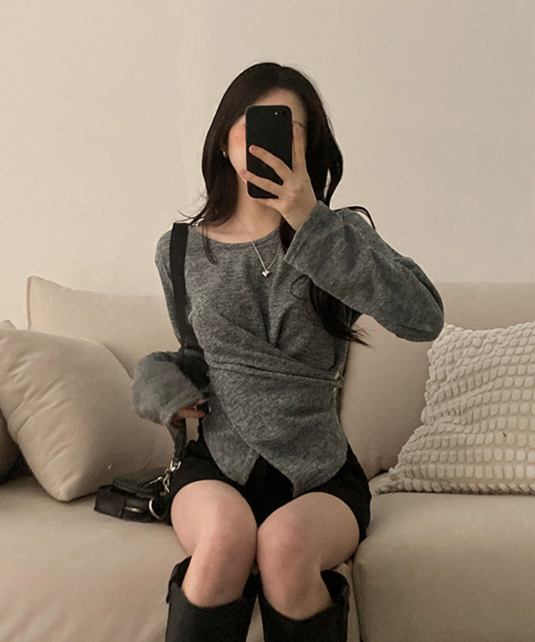 단추 랩 트임 니트 티셔츠 그레이