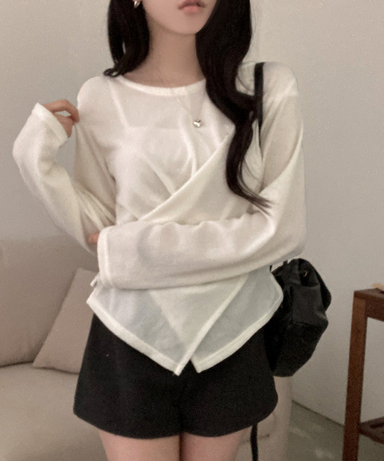 단추 랩 트임 니트 티셔츠 아이보리