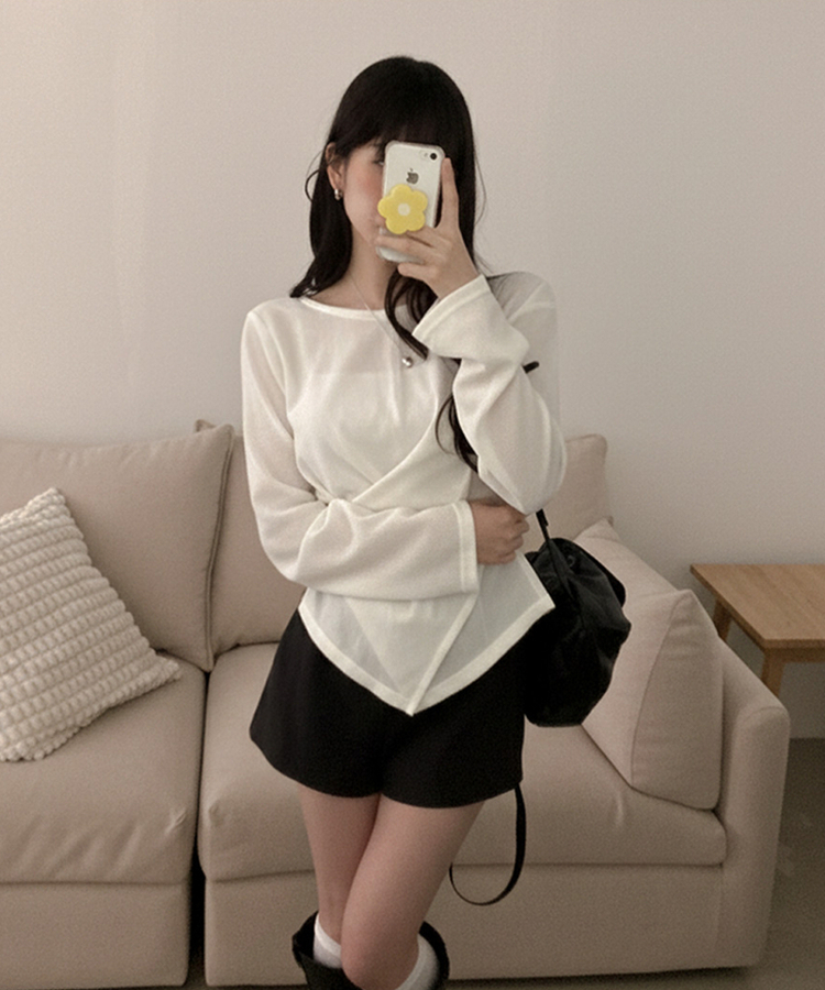 단추 랩 트임 니트 티셔츠 아이보리