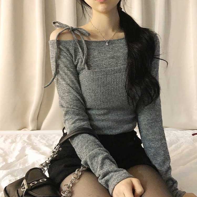 レイヤードビスチェオフショルダーニット MERANGE GRAY