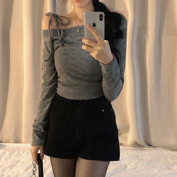 レイヤードビスチェオフショルダーニット MERANGE GRAY