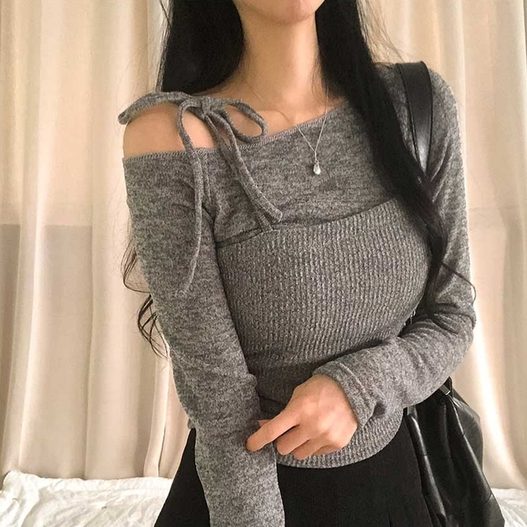 レイヤードビスチェオフショルダーニット MERANGE GRAY