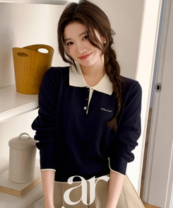 （配色ポイント♥）レタリング刺繍入り配色カラーニット NAVY