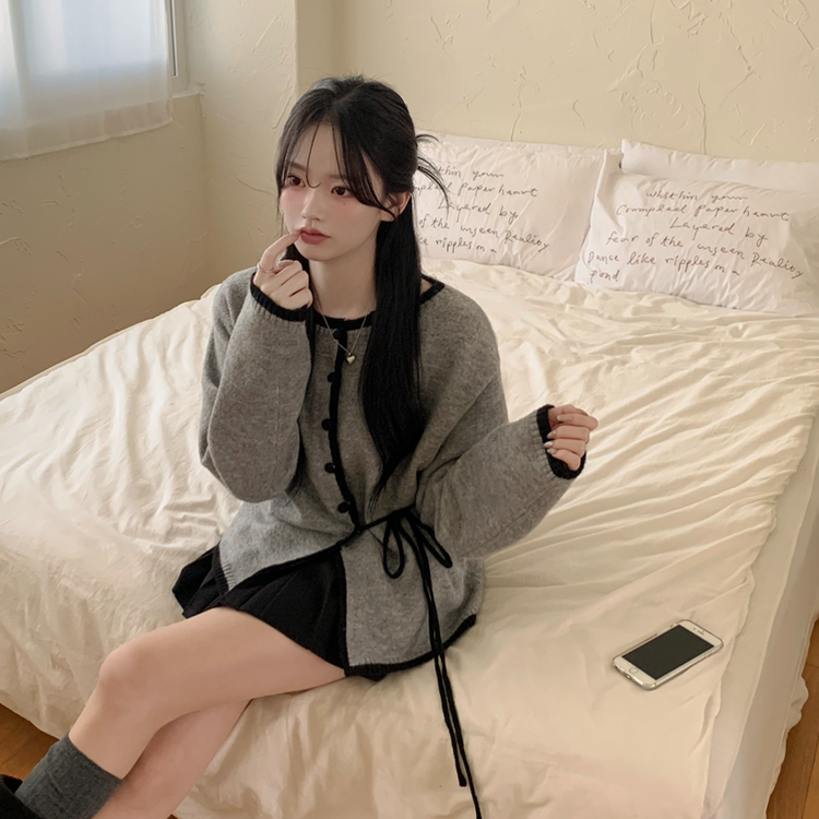 배색 스트랩 허리리본끈 니트가디건 울자켓 니트자켓 데이트룩 봄신상 봄자켓 차콜
