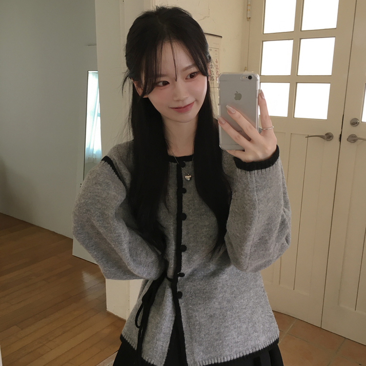 배색 스트랩 허리리본끈 니트가디건 울자켓 니트자켓 데이트룩 봄신상 봄자켓 차콜