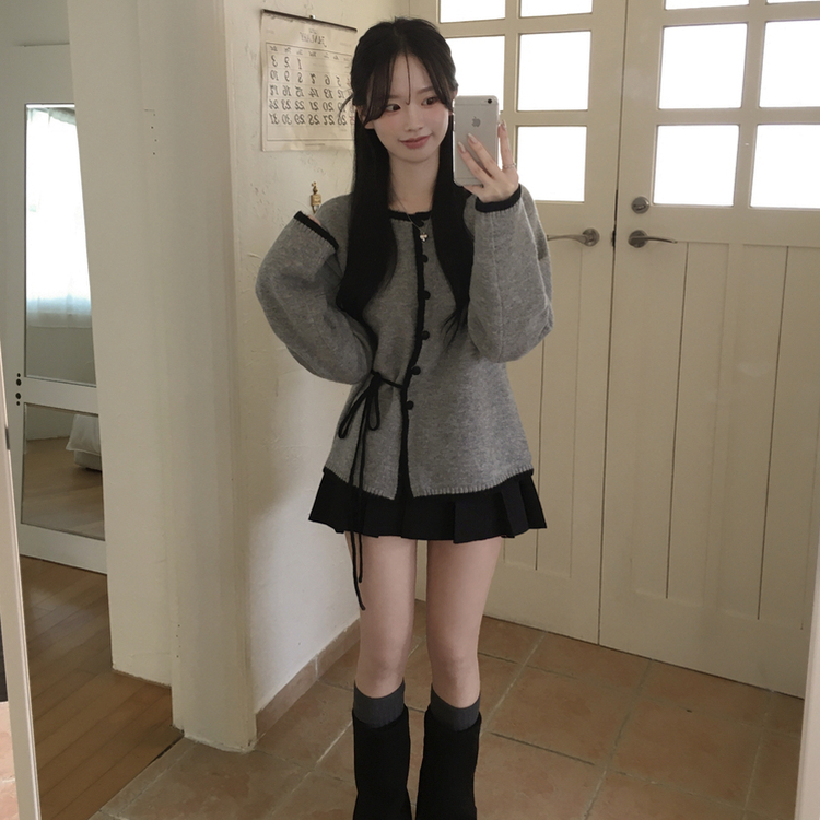 배색 스트랩 허리리본끈 니트가디건 울자켓 니트자켓 데이트룩 봄신상 봄자켓 차콜
