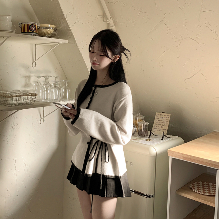 배색 스트랩 허리리본끈 니트가디건 울자켓 니트자켓 데이트룩 봄신상 봄자켓 아이보리