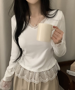 レースレイヤードVネック長袖Tシャツ WHITE