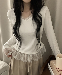 レースレイヤードVネック長袖Tシャツ WHITE