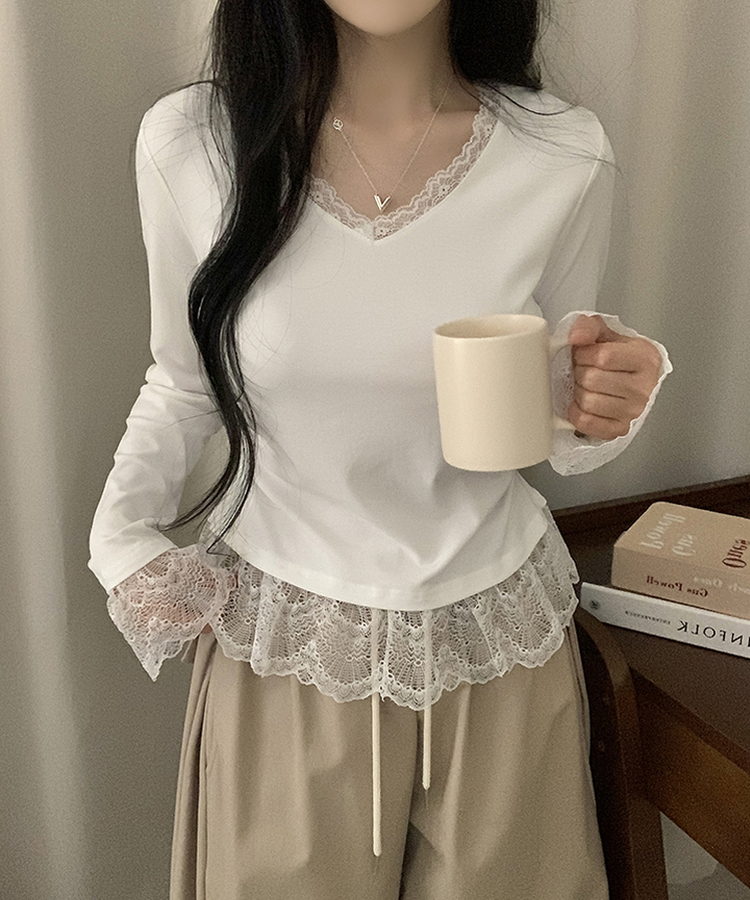レースレイヤードVネック長袖Tシャツ WHITE