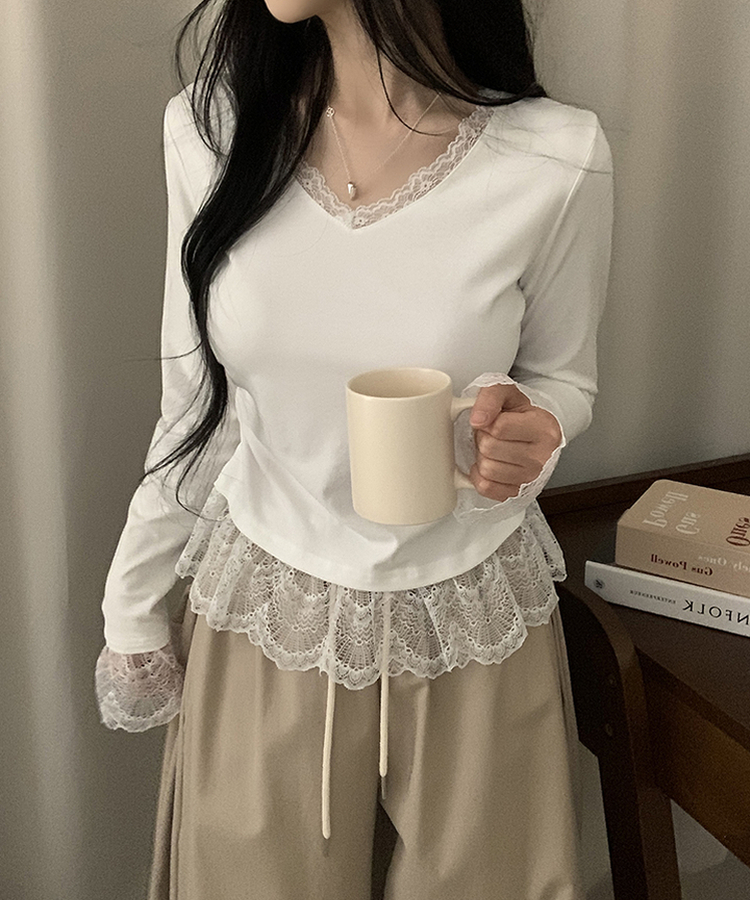 レースレイヤードVネック長袖Tシャツ WHITE