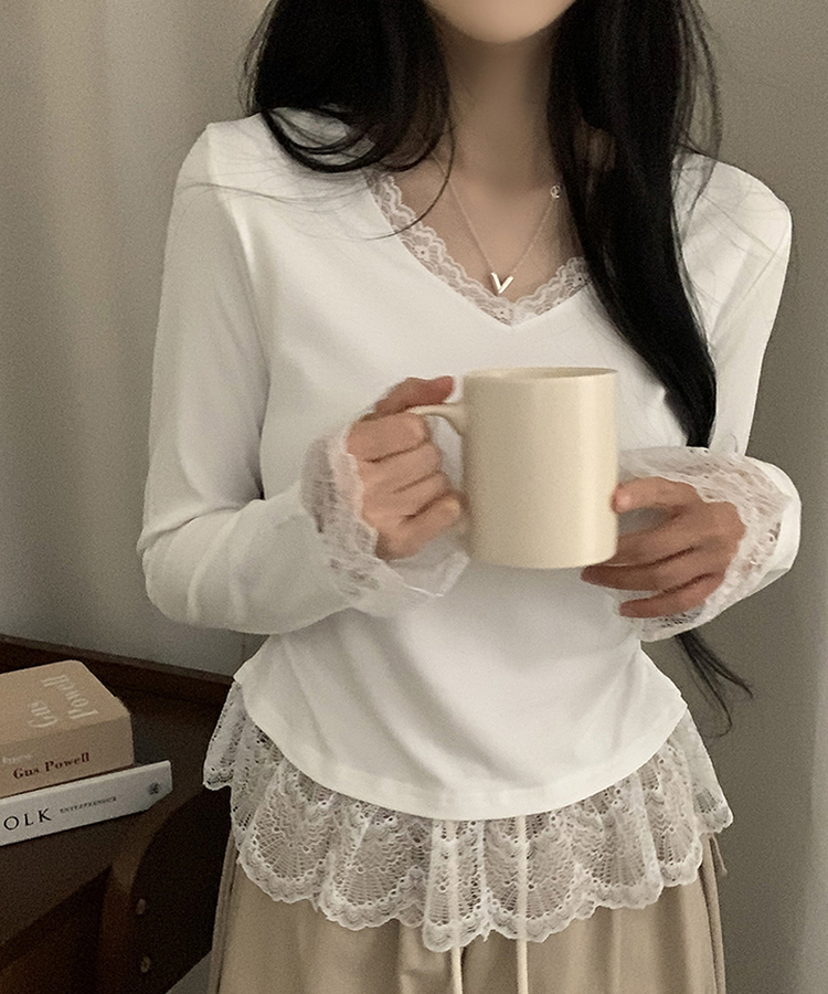レースレイヤードVネック長袖Tシャツ WHITE