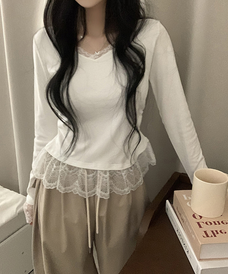 レースレイヤードVネック長袖Tシャツ WHITE