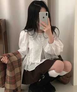 フラワー刺繍レイヤードパンチングフリルブラウス WHITE