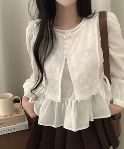 フラワー刺繍レイヤードパンチングフリルブラウス WHITE