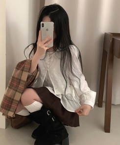 フラワー刺繍レイヤードパンチングフリルブラウス WHITE