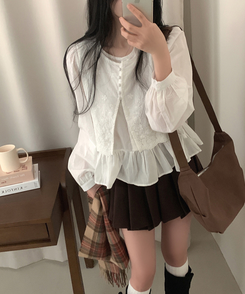 フラワー刺繍レイヤードパンチングフリルブラウス WHITE