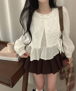 フラワー刺繍レイヤードパンチングフリルブラウス WHITE