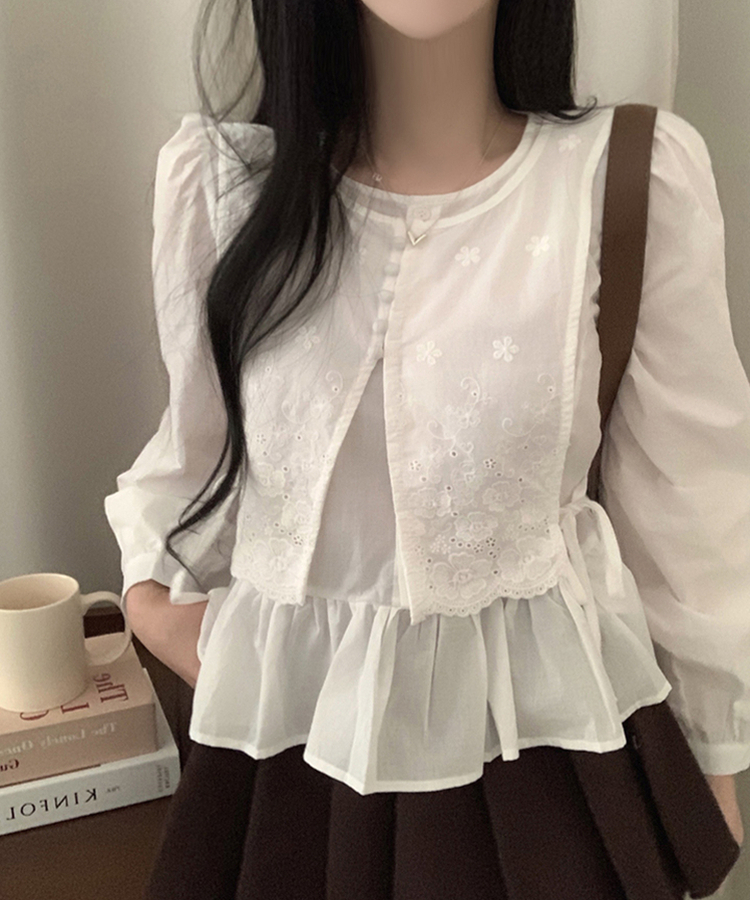 フラワー刺繍レイヤードパンチングフリルブラウス WHITE