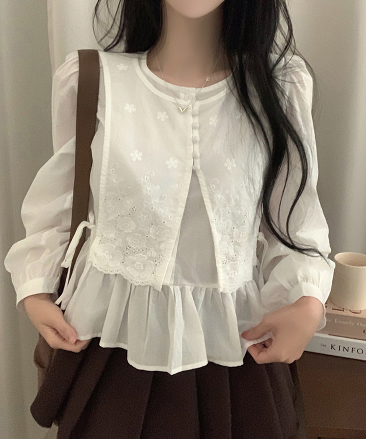 フラワー刺繍レイヤードパンチングフリルブラウス WHITE