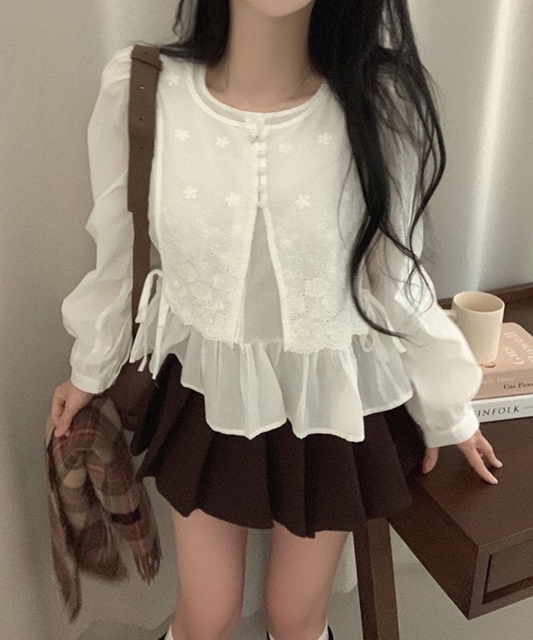 フラワー刺繍レイヤードパンチングフリルブラウス WHITE