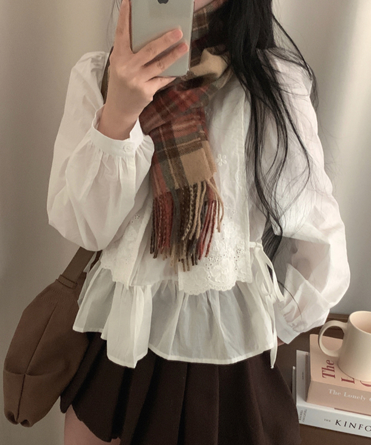 フラワー刺繍レイヤードパンチングフリルブラウス WHITE