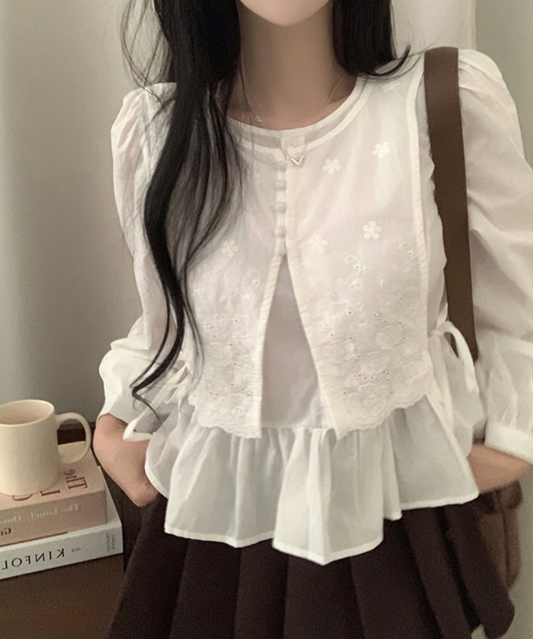 フラワー刺繍レイヤードパンチングフリルブラウス WHITE