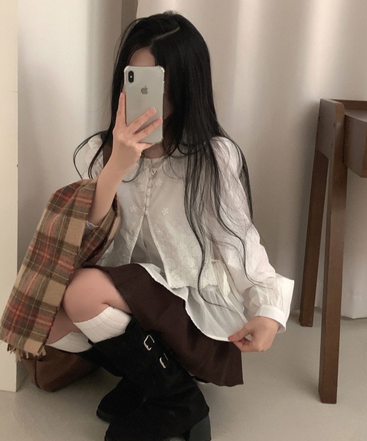 フラワー刺繍レイヤードパンチングフリルブラウス WHITE