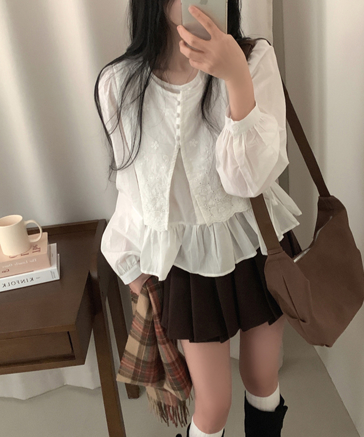 フラワー刺繍レイヤードパンチングフリルブラウス WHITE