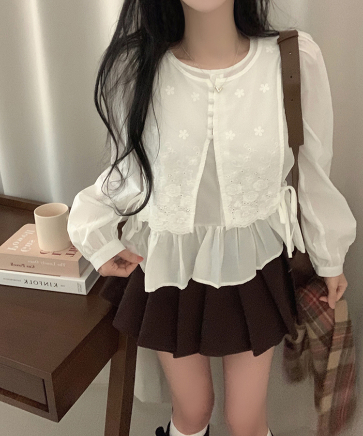 フラワー刺繍レイヤードパンチングフリルブラウス WHITE