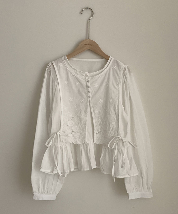 フラワー刺繍レイヤードパンチングフリルブラウス