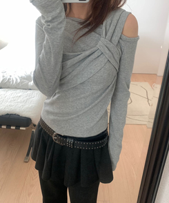 ショルダーねじりリブスリムTシャツ GREY