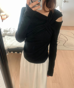 ショルダーねじりリブスリムTシャツ BLACK