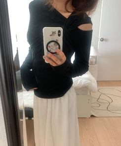 ショルダーねじりリブスリムTシャツ BLACK