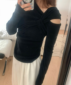 ショルダーねじりリブスリムTシャツ BLACK