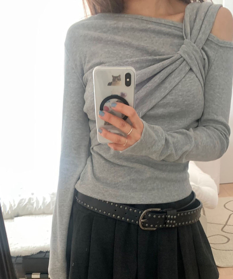 ショルダーねじりリブスリムTシャツ GREY