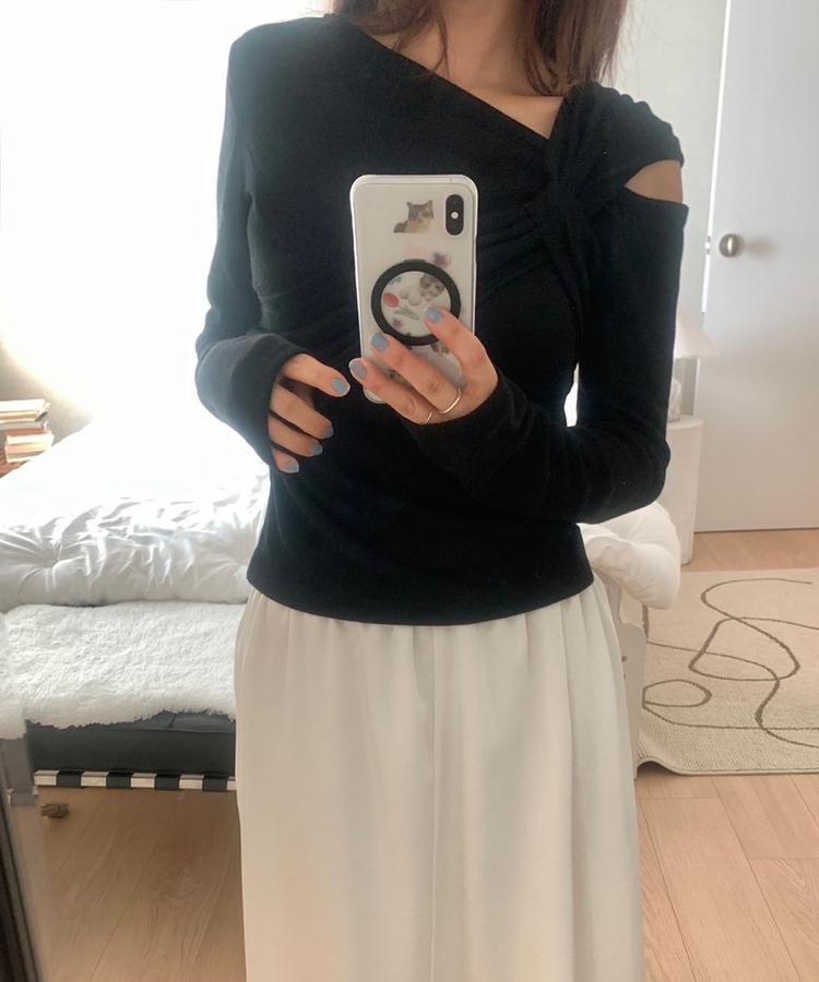 ショルダーねじりリブスリムTシャツ BLACK