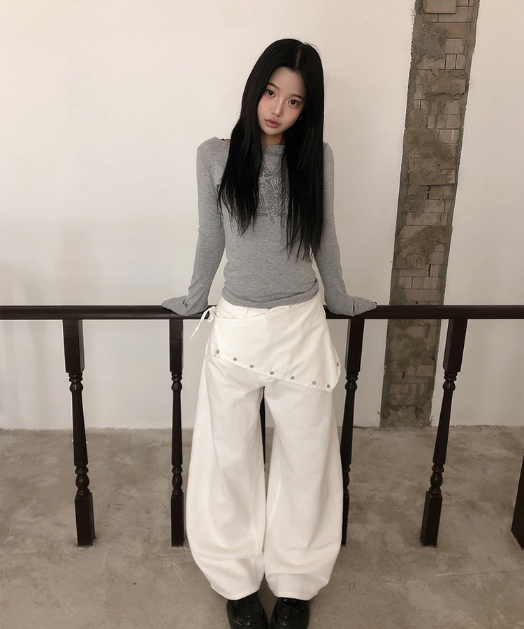 ハイウエストレイヤードラップワイドパンツ IVORY