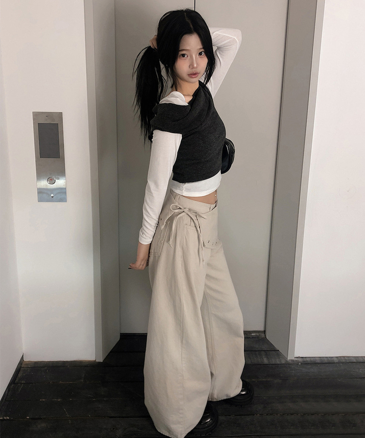 ハイウエストレイヤードラップワイドパンツ BEIGE