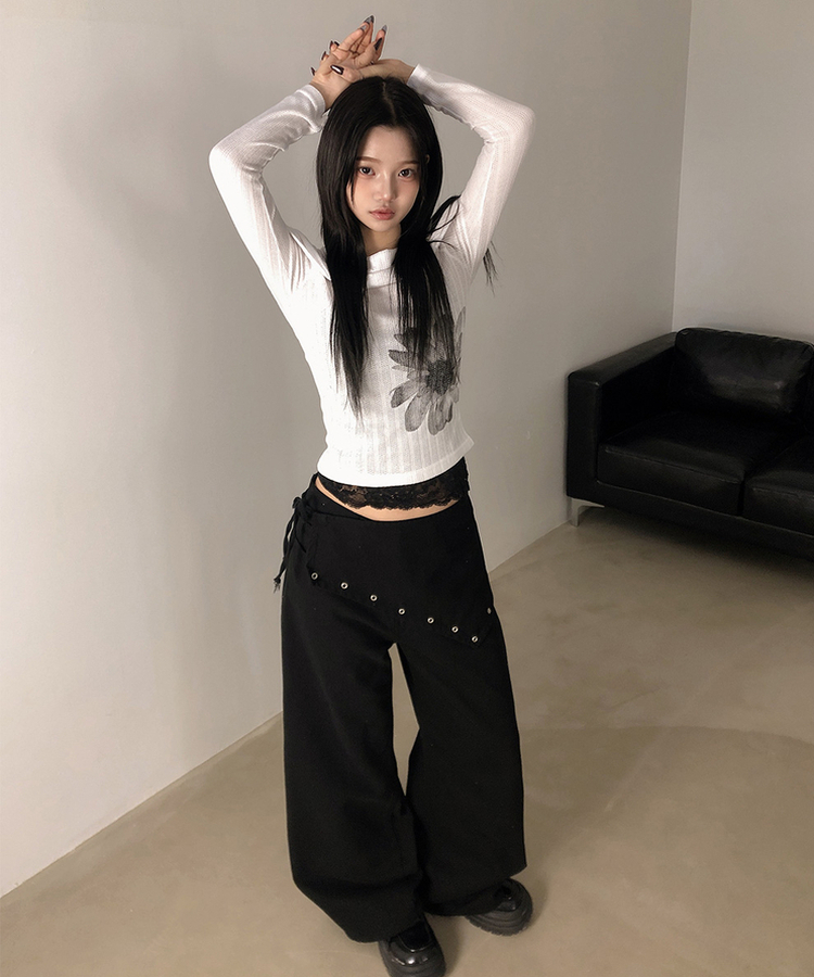 ハイウエストレイヤードラップワイドパンツ BLACK