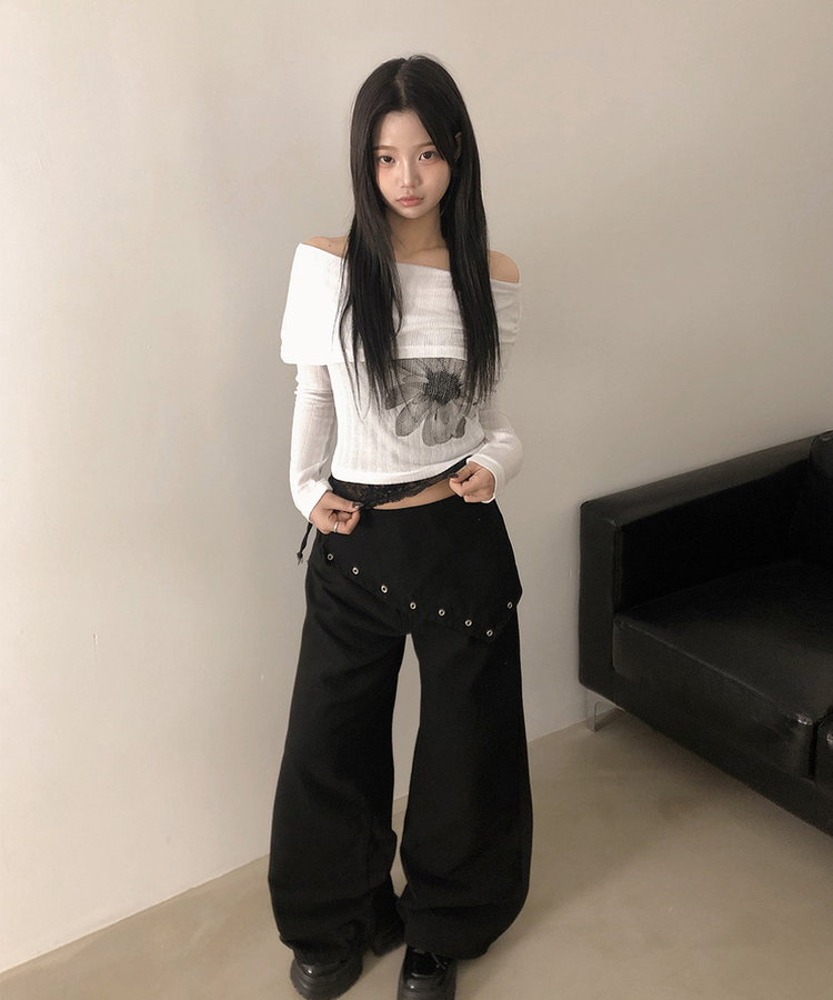 ハイウエストレイヤードラップワイドパンツ BLACK