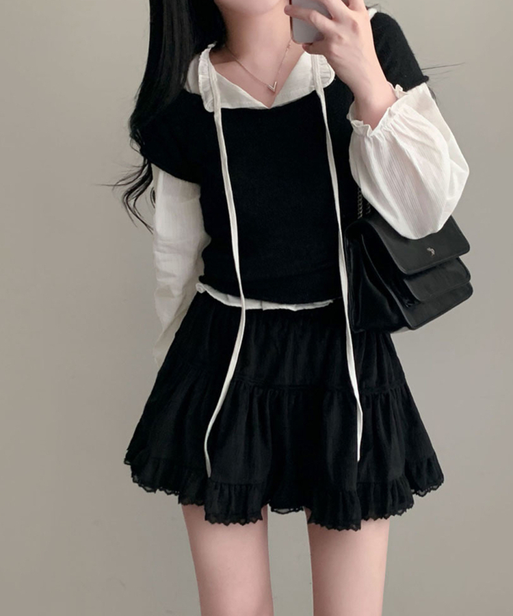 로맨스 롤링 입술넥 원숄더 반팔 니트 블랙