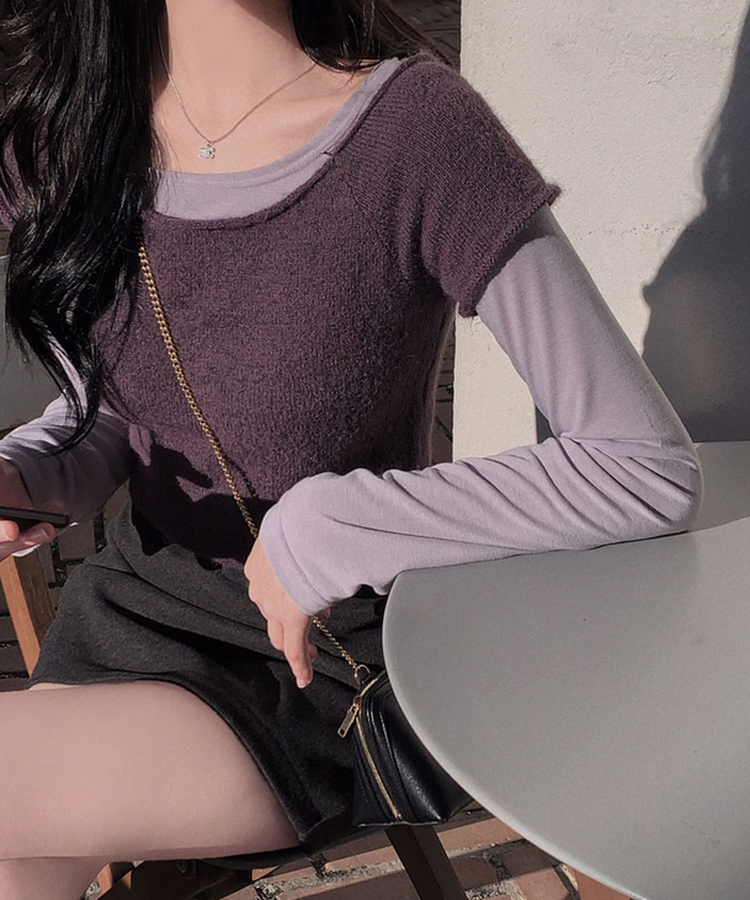 로맨스 롤링 입술넥 원숄더 반팔 니트 퍼플