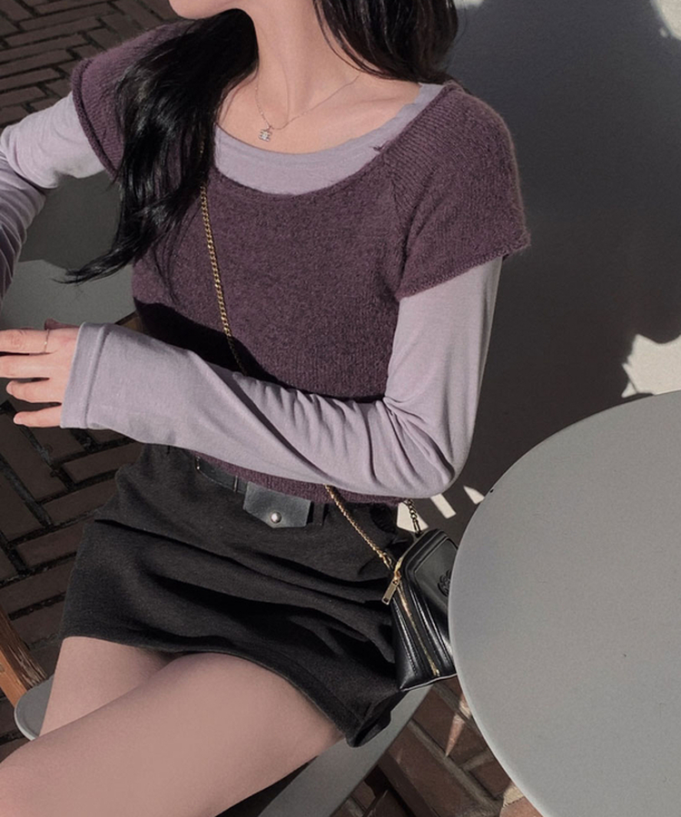 로맨스 롤링 입술넥 원숄더 반팔 니트 퍼플
