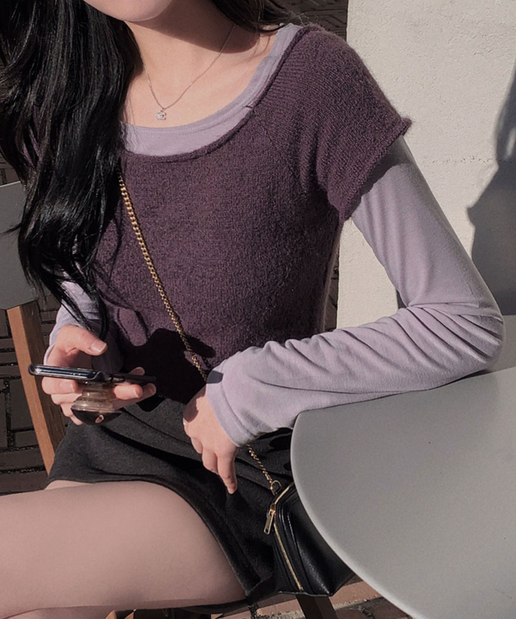 로맨스 롤링 입술넥 원숄더 반팔 니트 퍼플