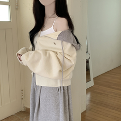 투웨이 펜던트 와펜 루즈핏 배색 니트 후드집업 아이보리