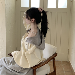 투웨이 펜던트 와펜 루즈핏 배색 니트 후드집업 아이보리